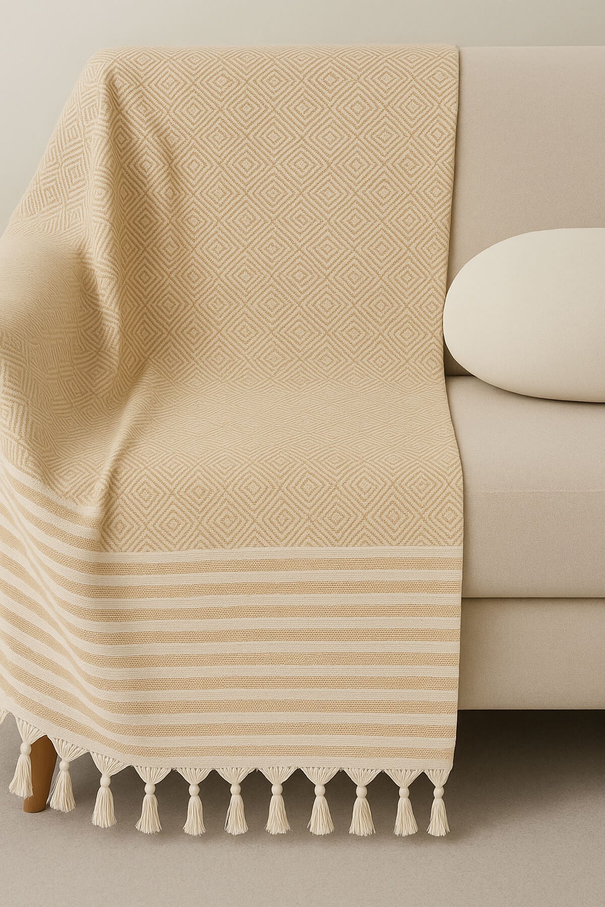 Alora Beige Sofadecke 180×220 cm – 100 % Baumwolle, Weich & Stilvoll