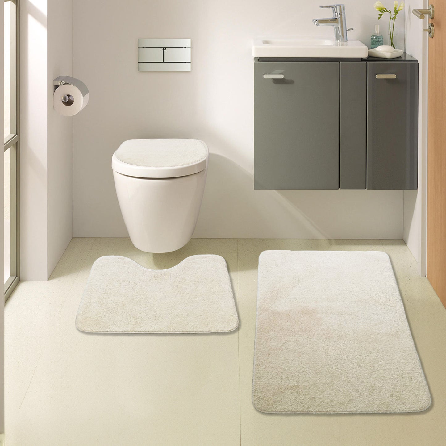 Bonny Home Unicolor Beige 3er Set Badematte | Rutschfeste Badematte mit Ledersohle