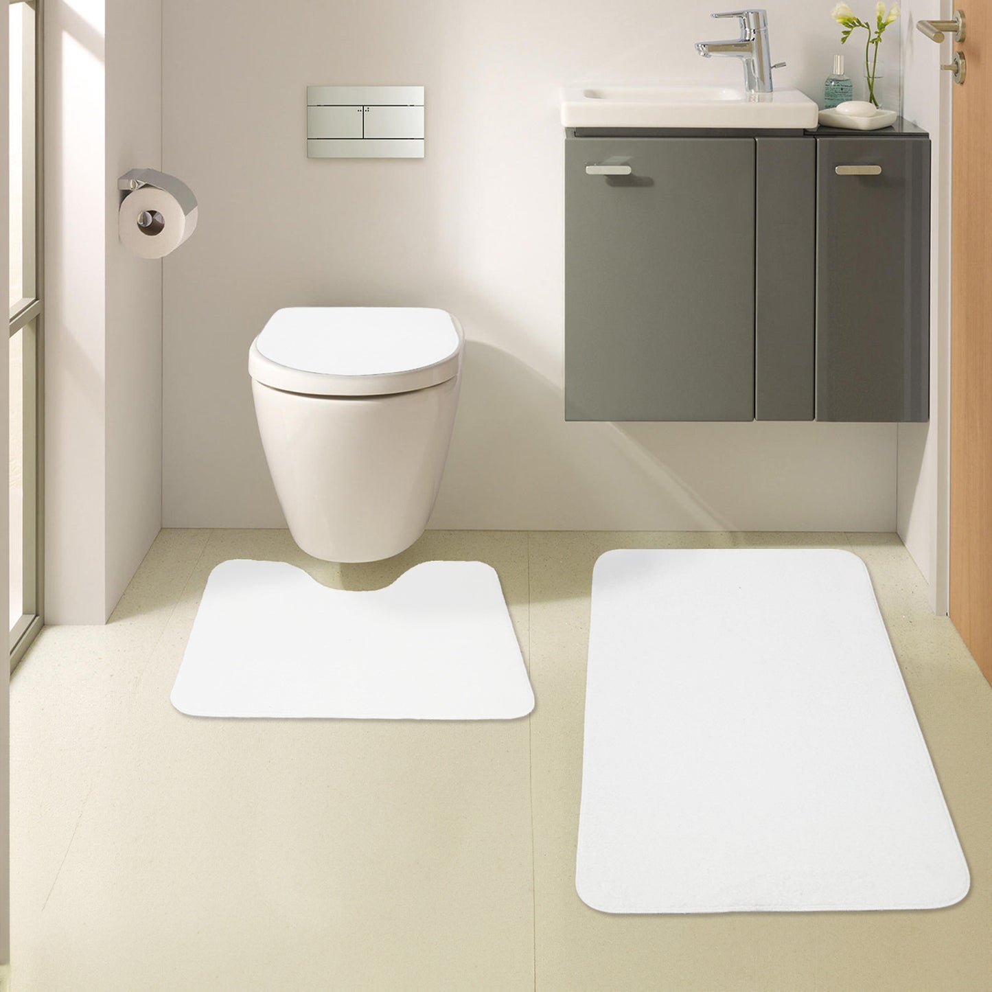 Bonny Home Unicolor Creme 3er Set Badematten – Rutschfeste Badvorleger mit Ledersohle