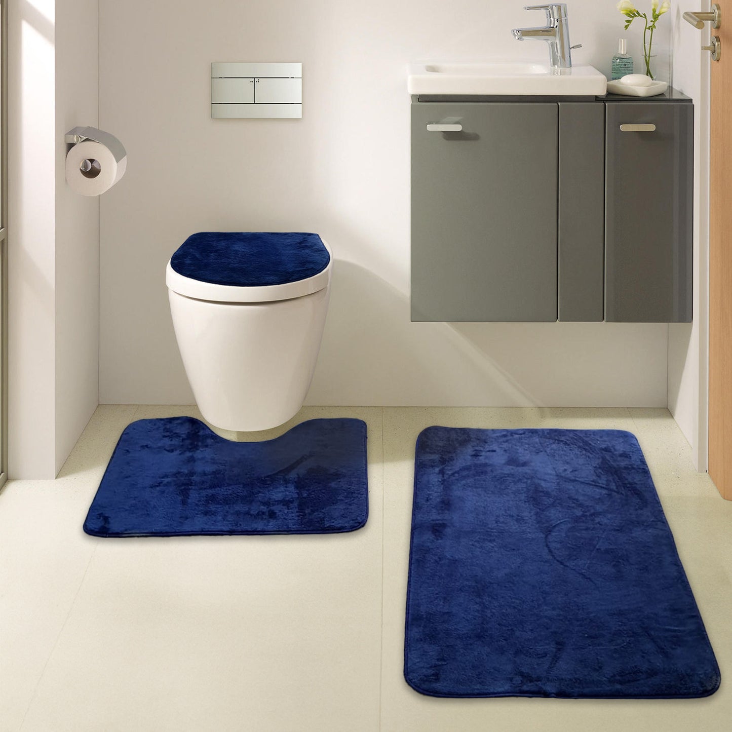 Bonny Home Unicolor Dunkelblau 3er Set Badematten – Rutschfeste Badvorleger mit Ledersohle