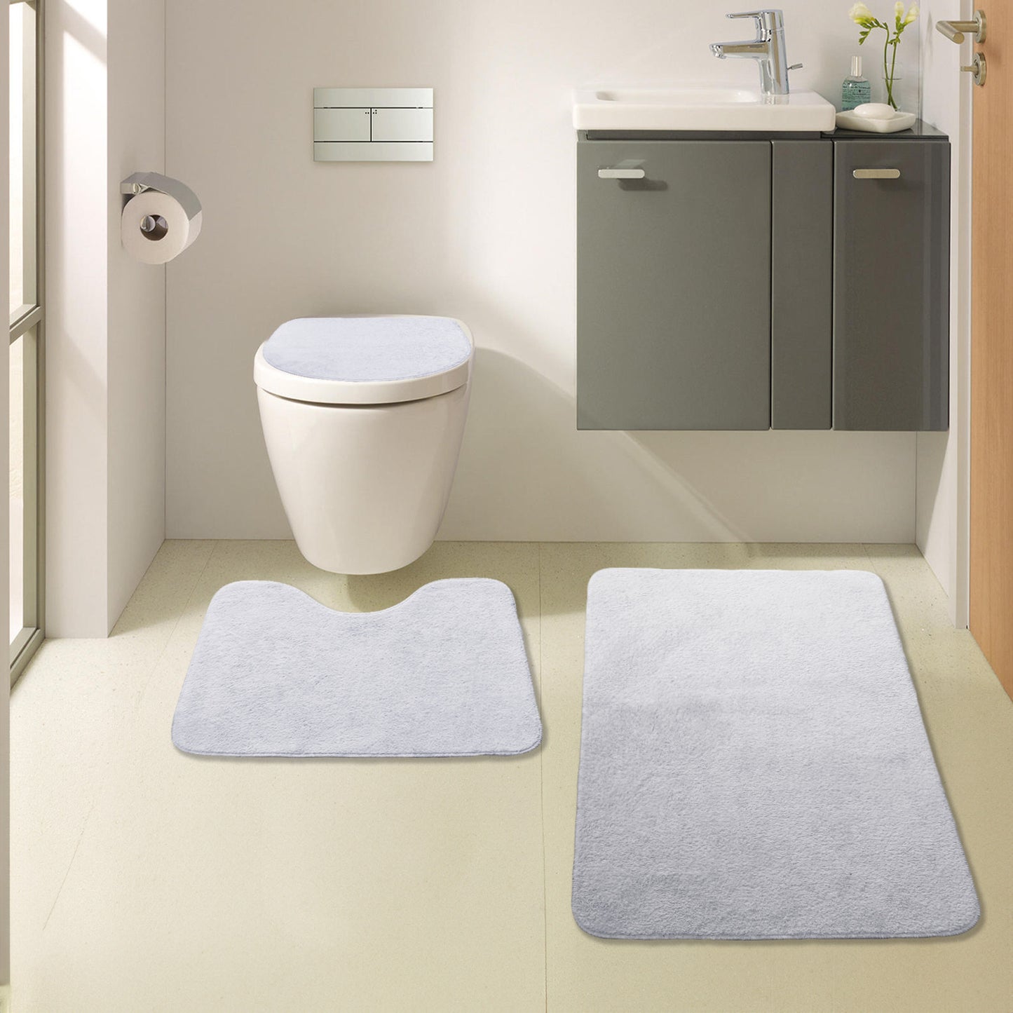 Bonny Home Unicolor Grau 3er Set Badematten – Rutschfeste Badvorleger mit Ledersohle