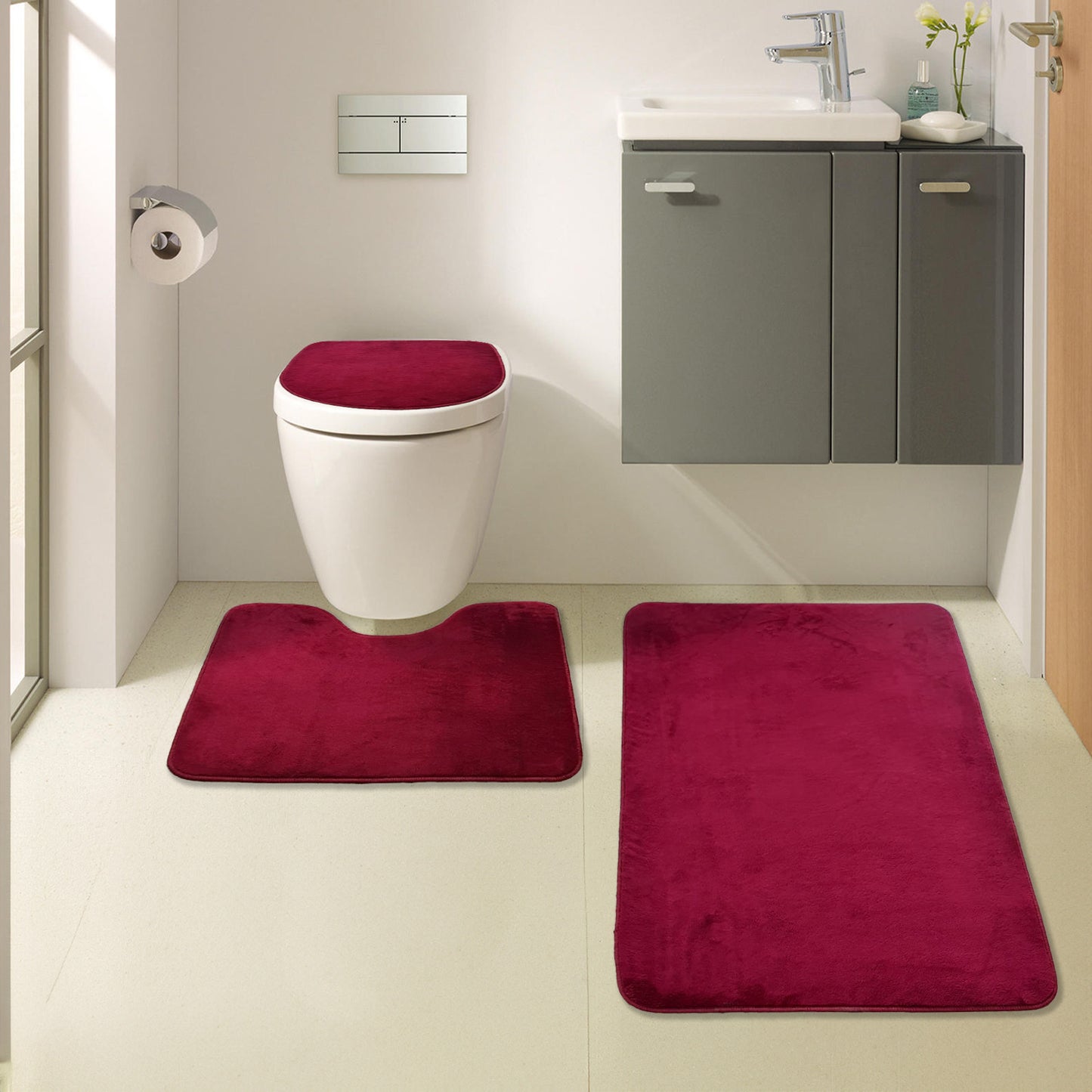 Bonny Home Unicolor Pflaume 3er Set Badematten – Rutschfeste Badvorleger mit Ledersohle