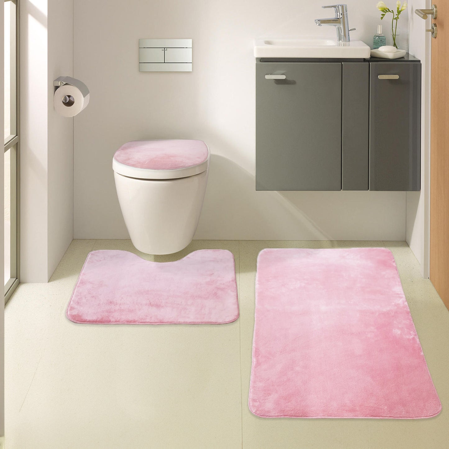 Bonny Home Unicolor Rosa 3er Set Badematten – Rutschfeste Badvorleger mit Ledersohle