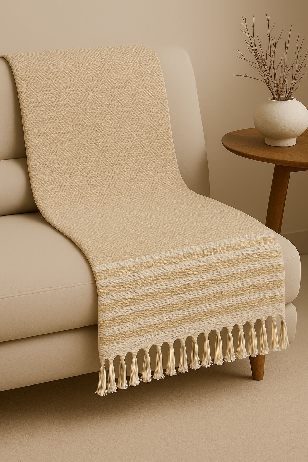 Alora Beige Sofadecke 180×220 cm – 100 % Baumwolle, Weich & Stilvoll