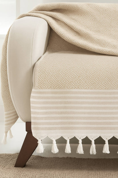 Alora Beige Sofadecke 180×220 cm – 100 % Baumwolle, Weich & Stilvoll