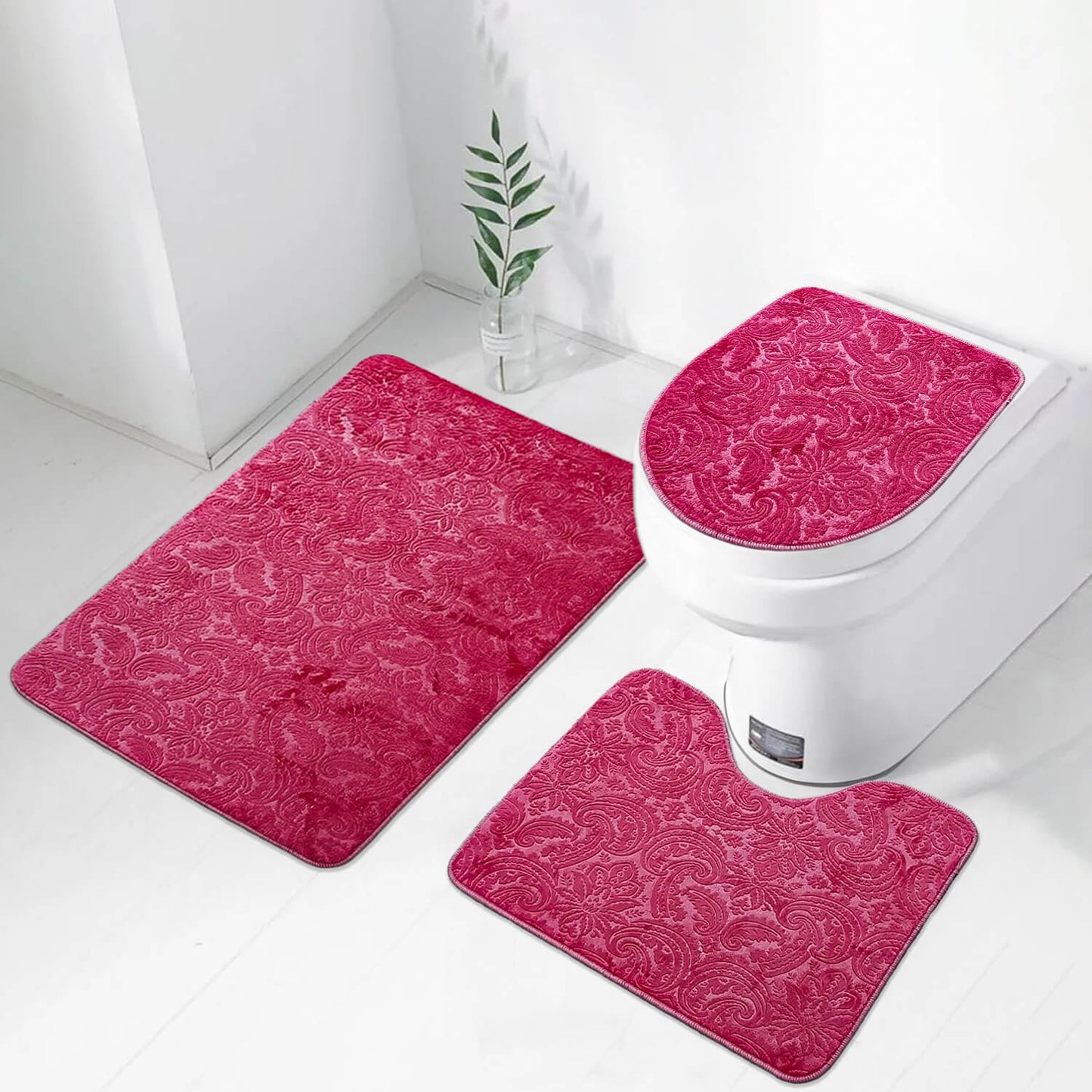 Bonny Home Ultrasoft Fuchsia 3er Set Badematte Rutschfeste Badvorleger mit Ledersohle