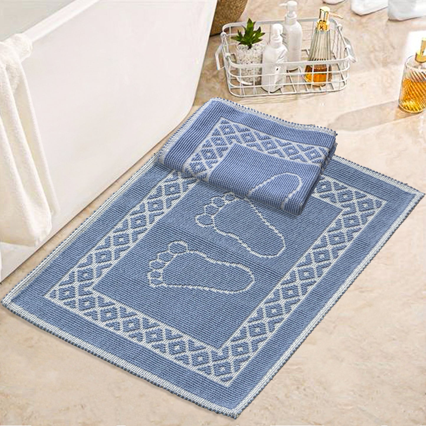 Bonny Home Soffy Blau & Blau 2er Pack Badematte Natürliche Baumwolle Badteppich