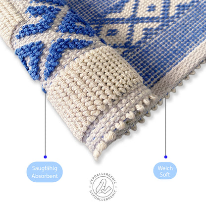 Bonny Home Soffy Creme & Blau 2er Pack Badematte Natürliche Baumwolle Badteppich