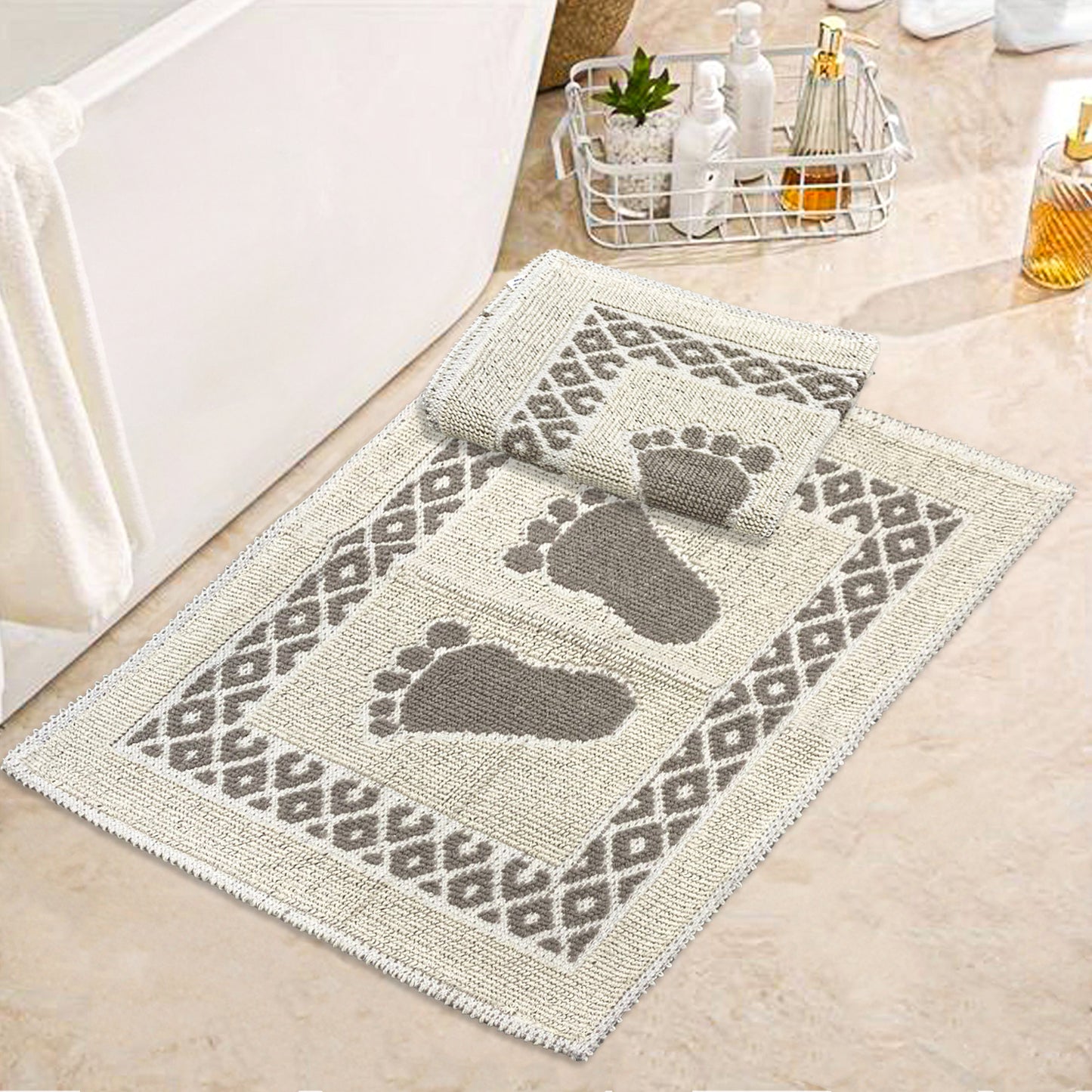 Bonny Home Soffy Creme & Braun 2er Pack Badematte Natürliche Baumwolle Badteppich