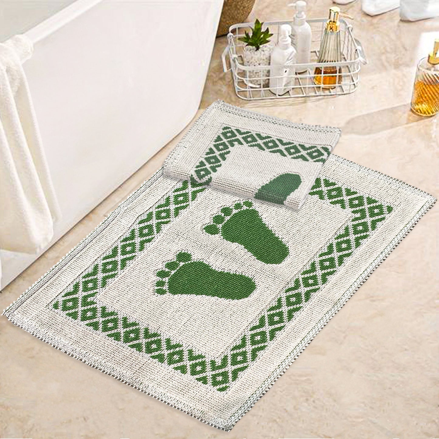 Bonny Home Soffy Creme & Grün 2er Pack Badematte Natürliche Baumwolle Badteppich