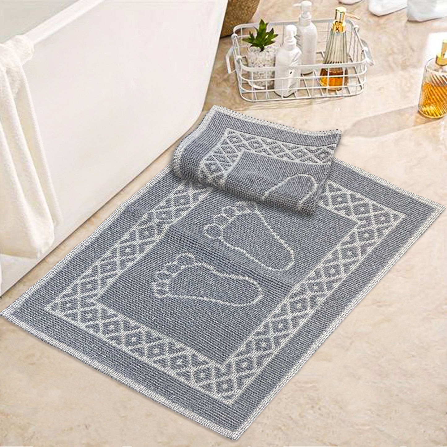 Bonny Home Soffy Grau & Grau 2er Pack Badematte Natürliche Baumwolle Badteppich