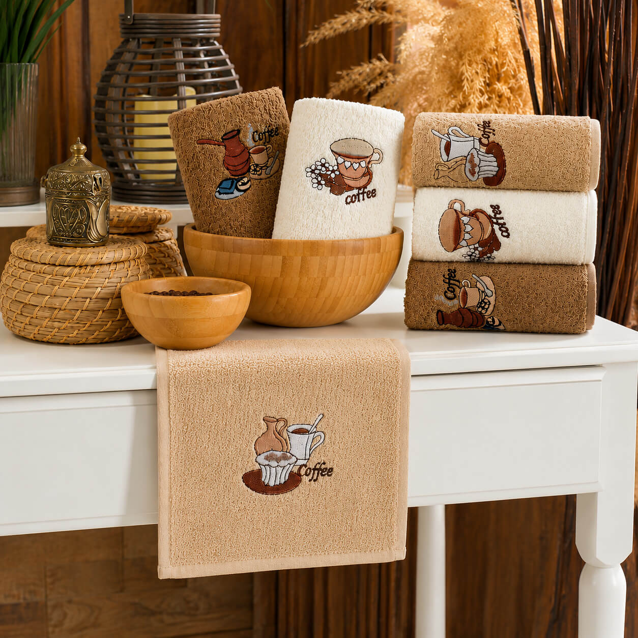 6er-Set Küchentücher, besticktes Kaffeemuster, 100 % Baumwolle, 30 x 50 cm