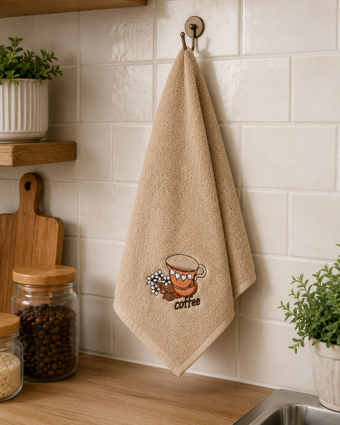 6er-Set Küchentücher, besticktes Kaffeemuster, 100 % Baumwolle, 30 x 50 cm