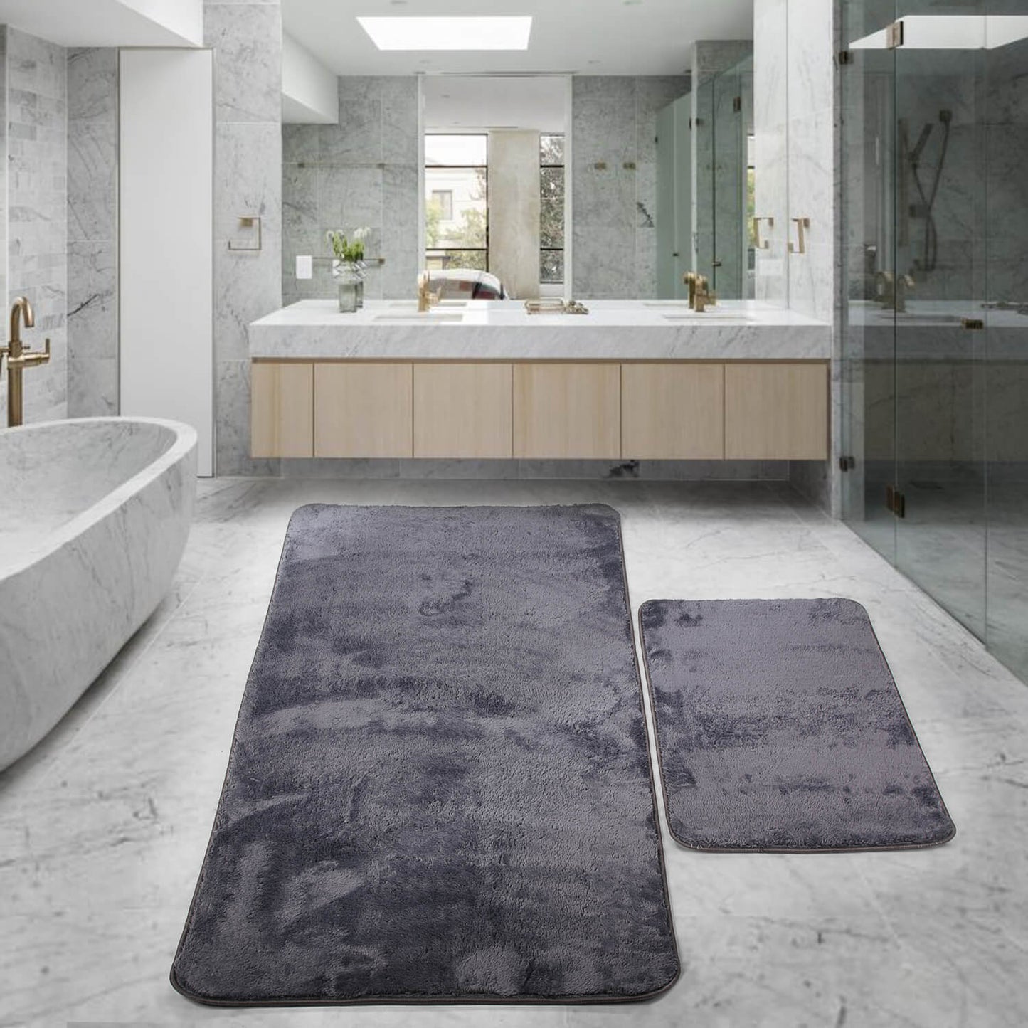 Relax Anthrazit 2er Set Badematte Rutschfeste Badematte mit Plüschoberfläche