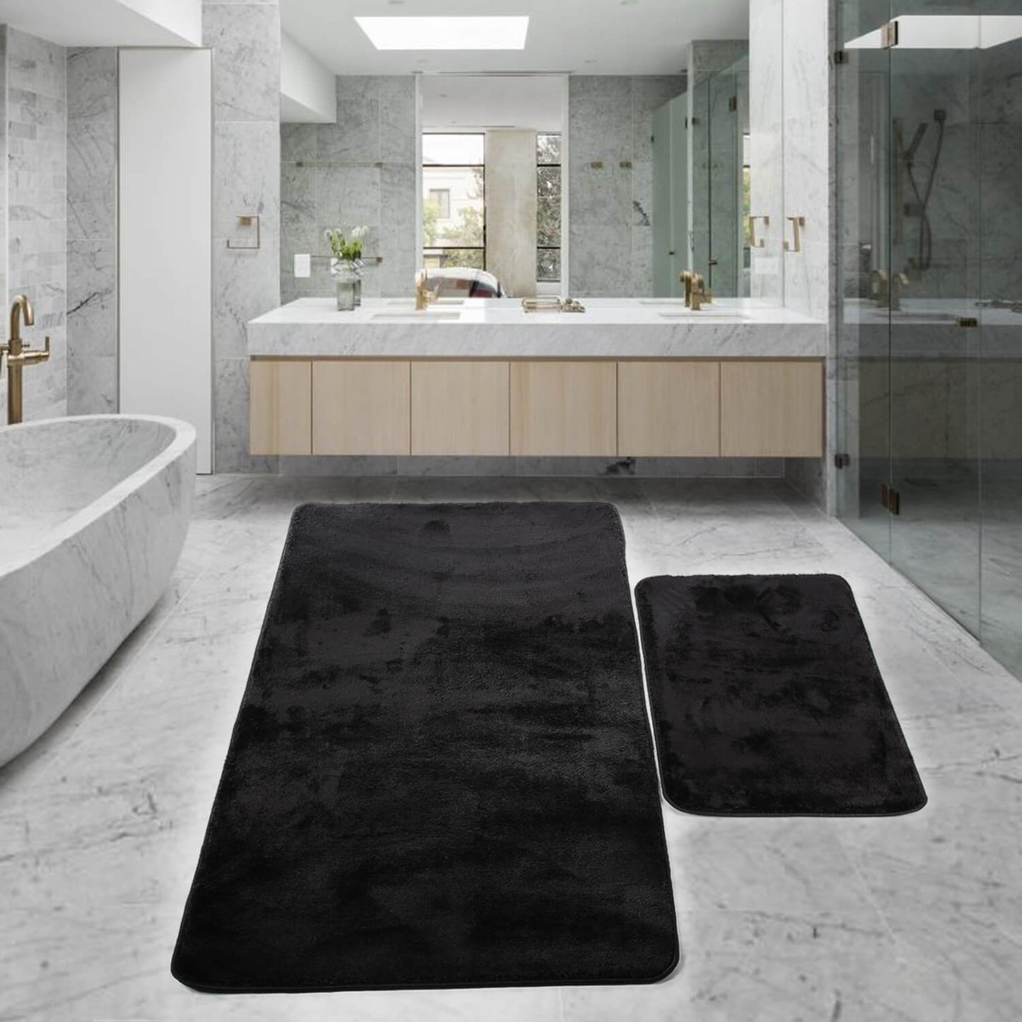 Relax Schwarz 2er Set Badematte Rutschfeste Badematte mit Plüschoberfläche