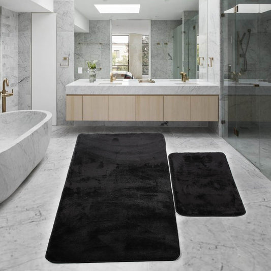 Relax Schwarz 2er Set Badematte Rutschfeste Badematte mit Plüschoberfläche