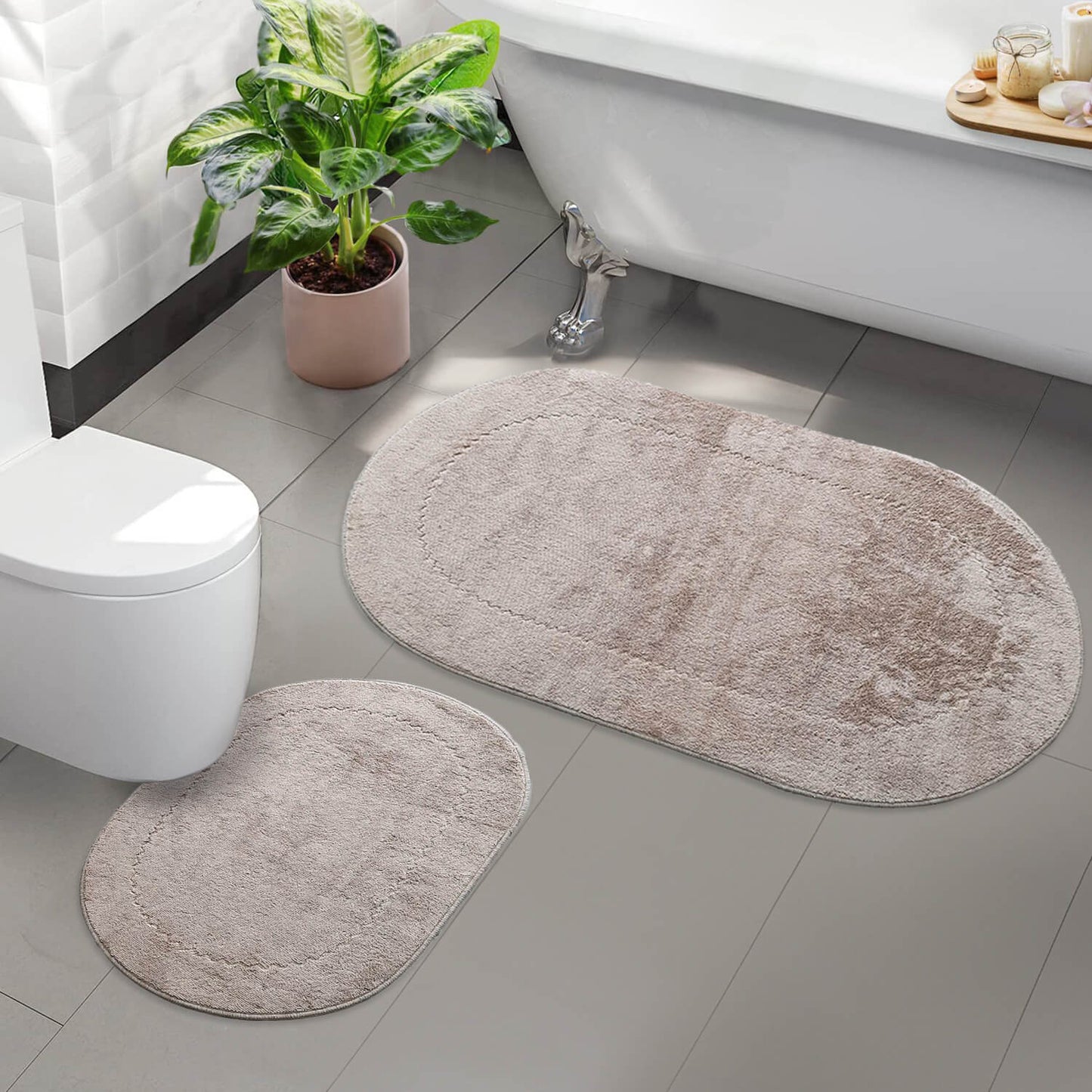 Rixos Beige 2er Set Badematte Rutschfeste Badvorleger mit Ledersohle