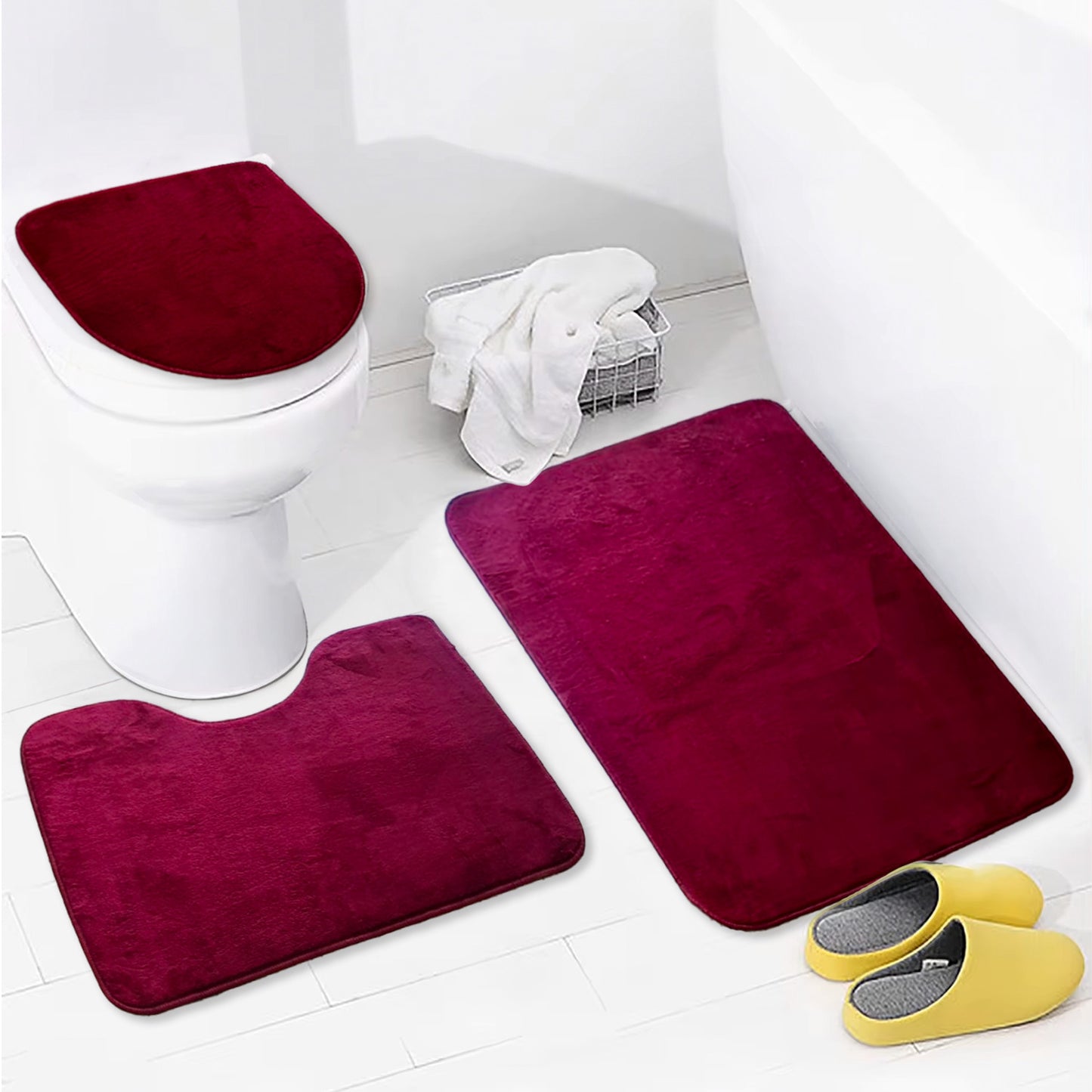 Bonny Home Unicolor Pflaume 3er Set Badematten – Rutschfeste Badvorleger mit Ledersohle