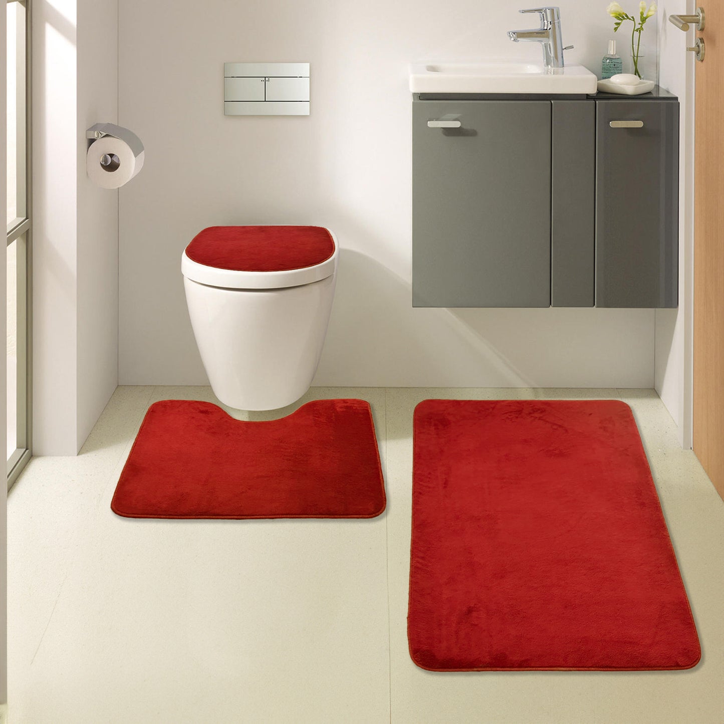 Bonny Home Unicolor Rot 3er Set Badematten – Rutschfeste Badvorleger mit Ledersohle