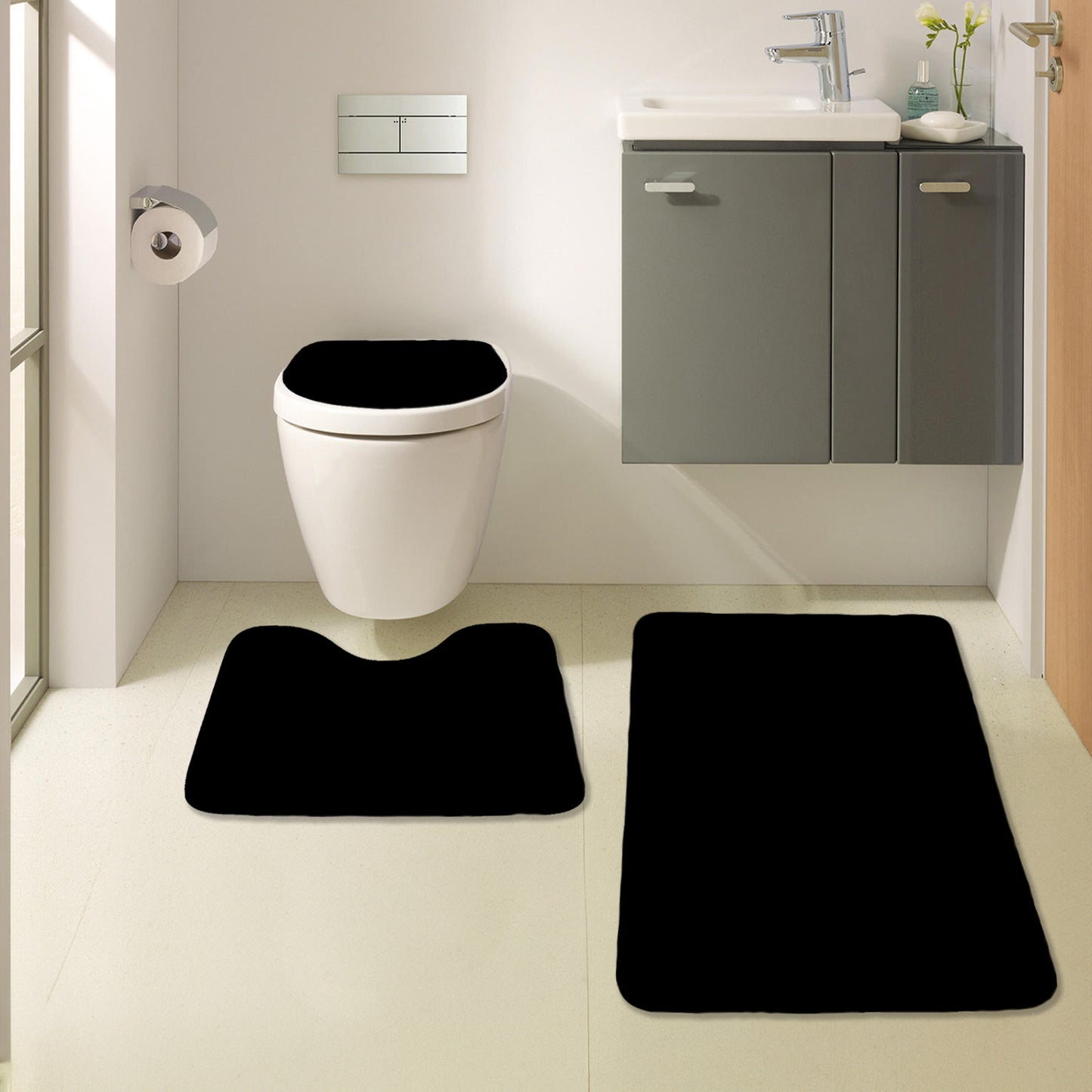Bonny Home Unicolor Schwarz 3er Set Badematten – Rutschfeste Badvorleger mit Ledersohle